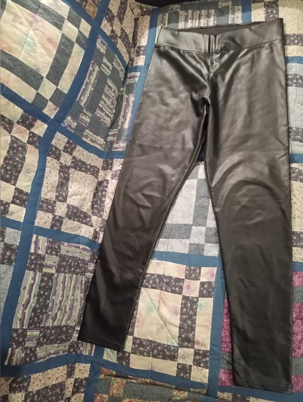 Cozy Fleece Lined Black Faux Leather Leggings Crossover V Waist Pants Sz L Large